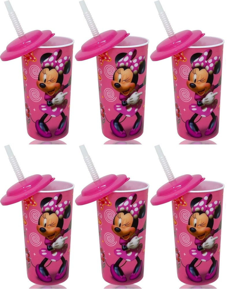 زاك مجموعة من 6 أكواب ديزني ميني ماوس قابلة لإعادة الاستخدام سعة 16 أونصة مع أغطية وقش، باللون الوردي - Image 1